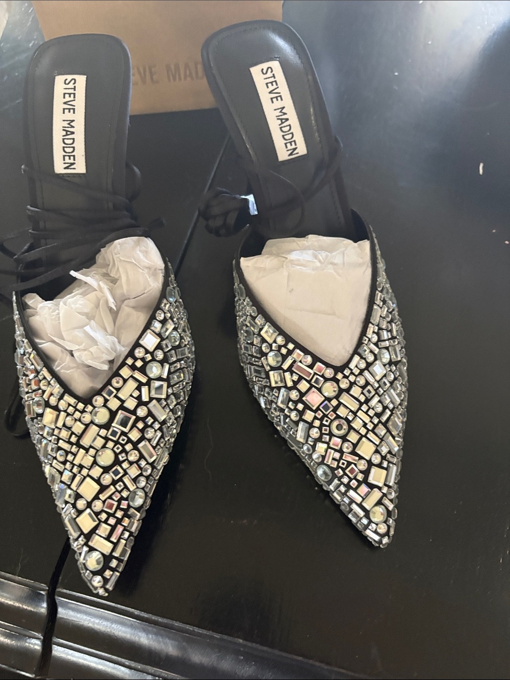 Steve Madden Black Embellished Pointed Toe Lace-Up Mules